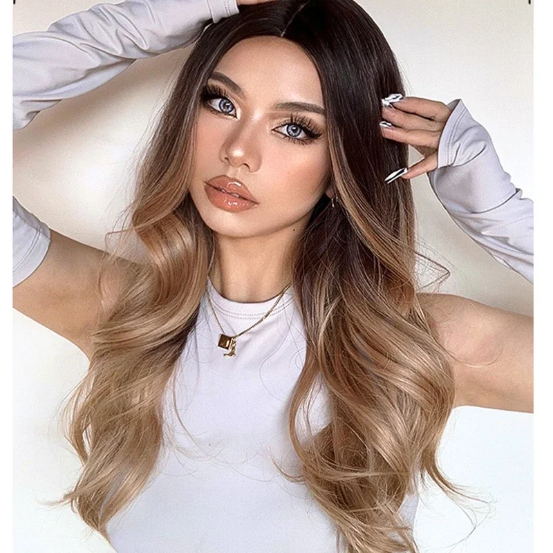 Large Wavy Curly Hair Black Gradient Brown Synthetic Wig Fashion Temperament Wig Female