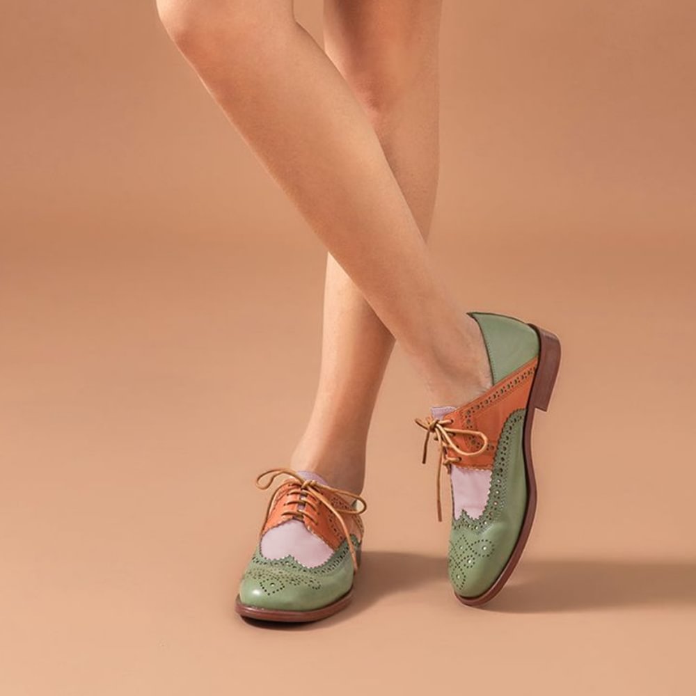 Multicolor Oxford Women Shoes With Colorblock Lace Up Chunky Low Heels Nicepairs