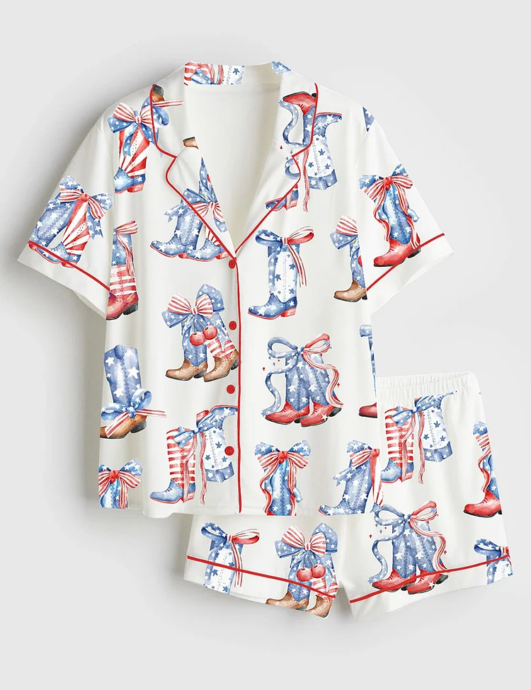 Women&rsquo;s Western American Girl Boots Coquette Boots 4th Of July  Short Sleeve Satin Pajama Set
