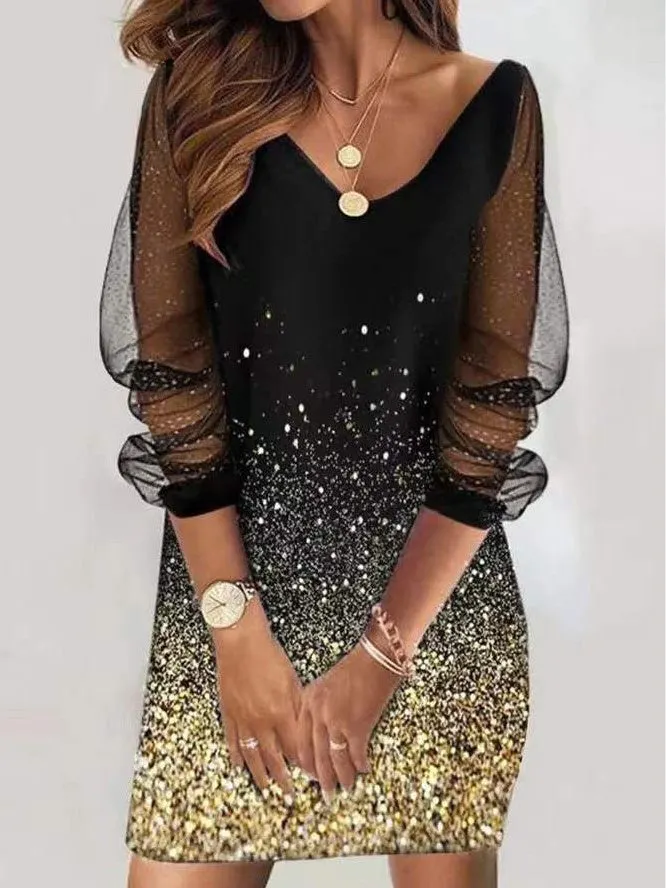 Women's Long Sleeve V-neck Stitching Graphic Midi Dress
