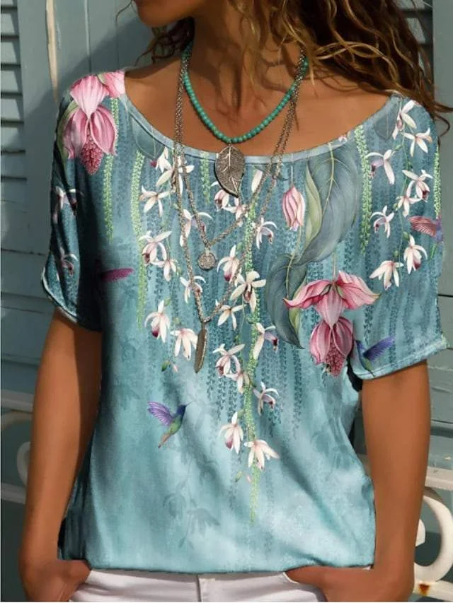 Women's Floral Theme T-Shirt Floral V Neck Tops Basic Top Blue