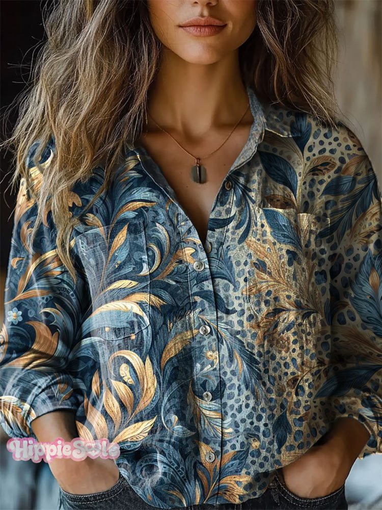 Women’s Vintage Botanical Leaf Art Print Casual Long Sleeve Comfortable Cotton Shirt Multicolor / S