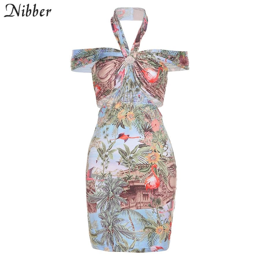 NIBBER Colorful Sexy Halter Bandage Mini Dress Women Sleeveless Skinny Party Vacation Dress Off Shoulder Streetwear Outfits2021