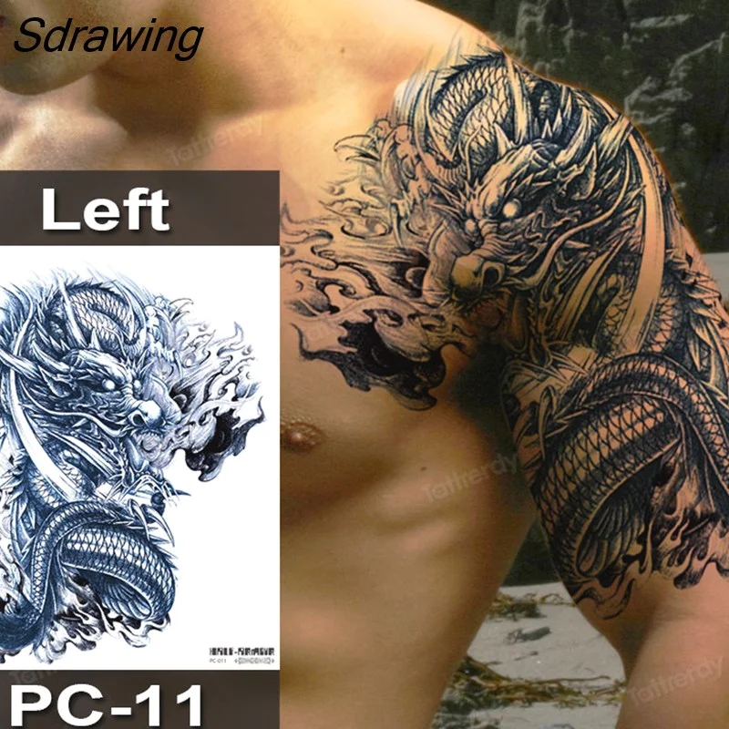 Sdrawing Fox Totem Dragon Waterproof Temporary Tattoos Body Art Arm Shoulder Chest Tattoo Sticker Black Tatouage Men Adult Large