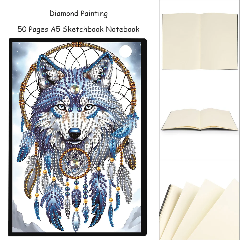 Animal Diamond Painting Notebook DIY Diamond Art Diary Book(Dreamcatcher Wolf B)