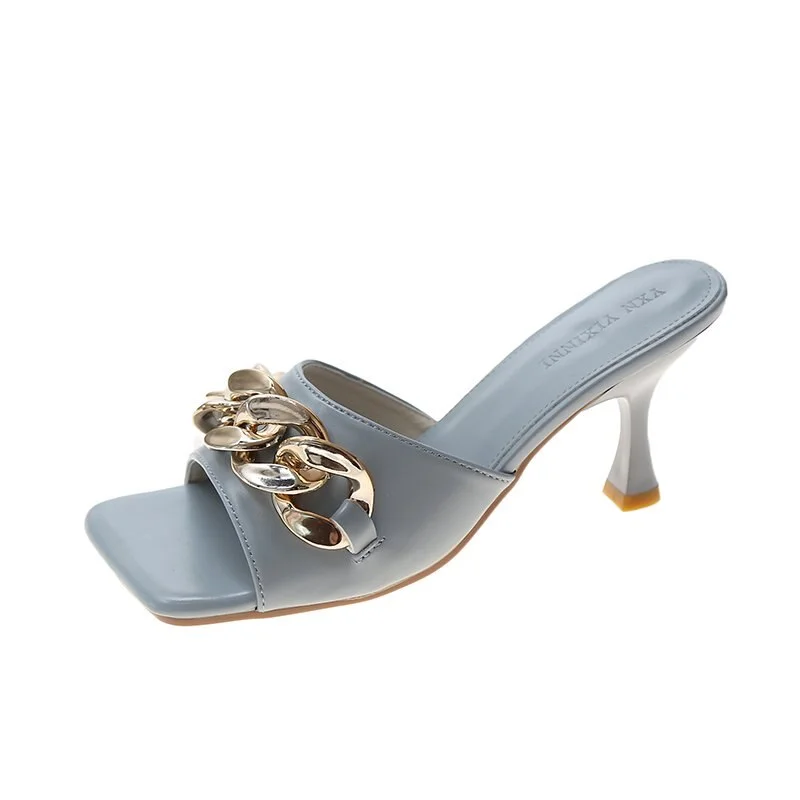 Fashion Chain Design Women Heels Summer Sexy Open Toe  Solid Color Sandals Stiletto 2021 Square Head Luxury Prom Woman Slippers