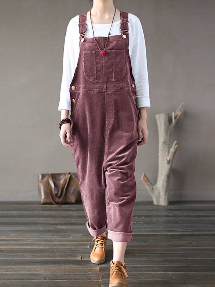 Solid Color Button Pockets Sleeveless Corduroy Jumpsuits