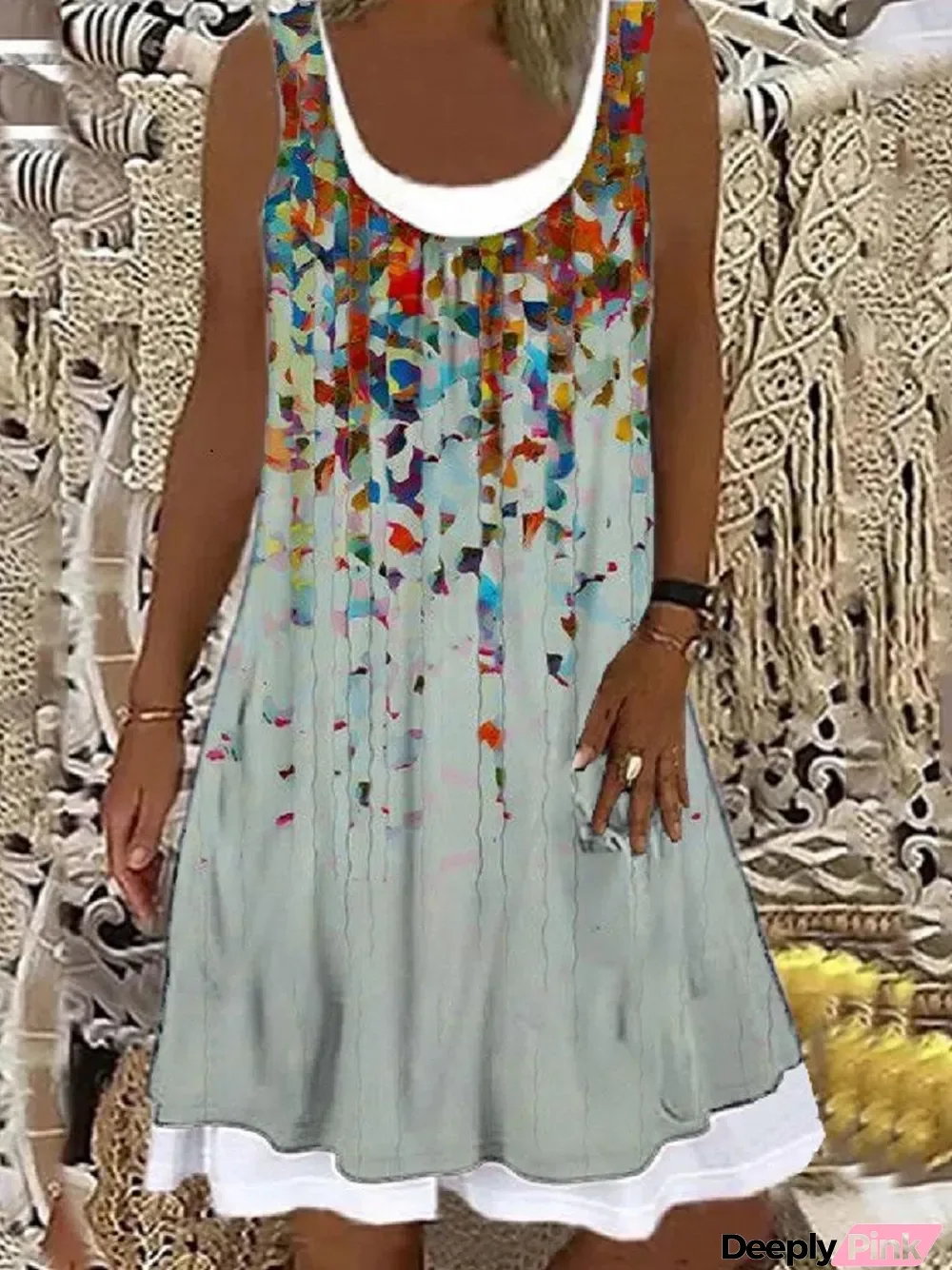 Women's Sleeveless Scoop Neck Floral Printed Fake 2-Piece Mini Dress