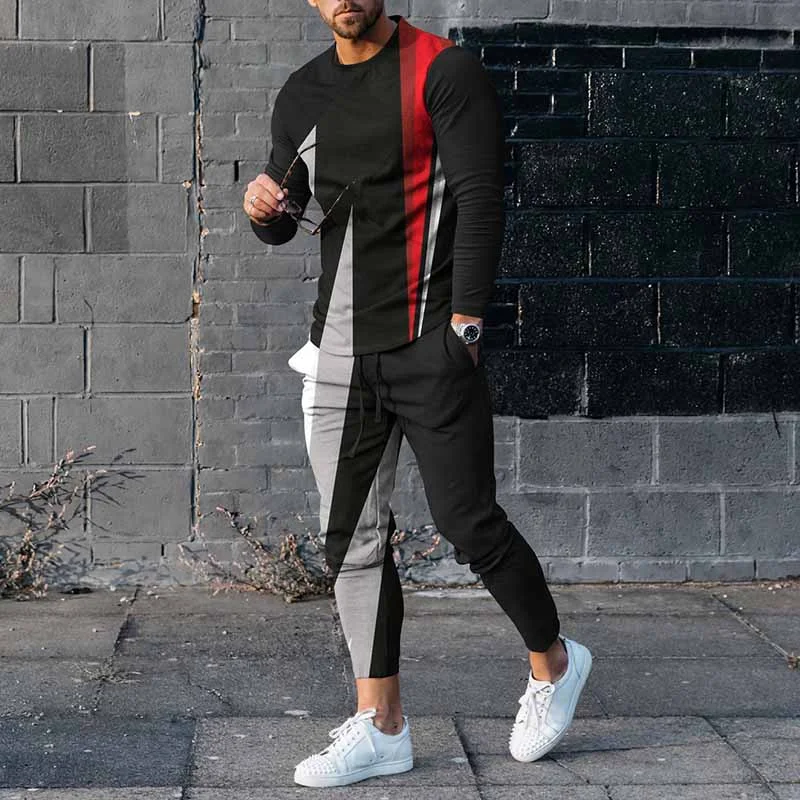Men's  Personalized Geometric Casual Long Sleeve T-Shirt And Pants Co-Ord