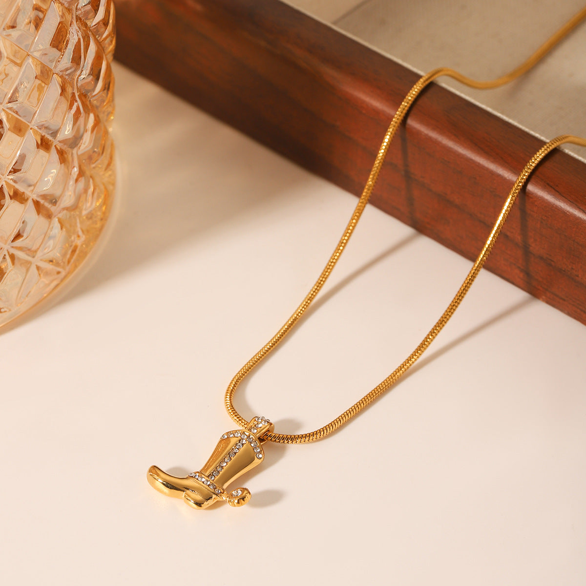 Fashion Personality Stainless Steel Diamond Cowboy Boots Pendant Necklace Hip Hop Trend Titanium Steel Snake Bone Chain Necklace