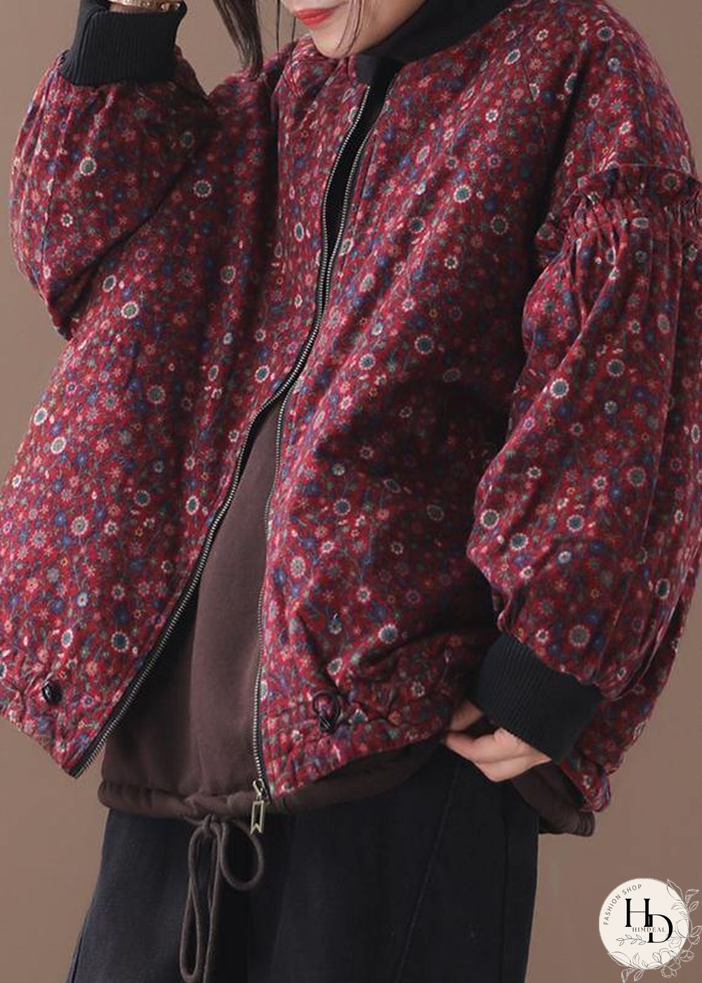 women plus size down jacket zippered outwear red floral patchwork o neck short coats