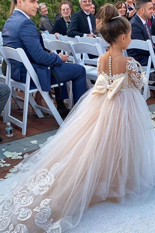 Hellodresses Lovely Tulle Square Neck Long Sleeves Long Flower Girl Dress With Bowknot 