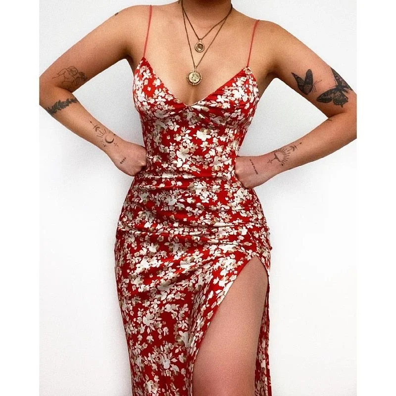 wsevypo Sexy Spaghetti Straps Floral Midi Dress for Women Backless Side Split Bodycon Sundress Party Night Clubwear Vestidos