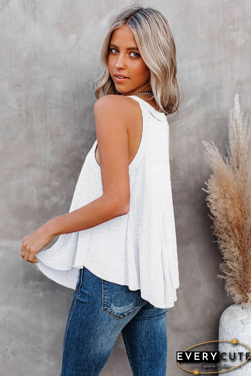 White Solid V Neck Ruffle Tank