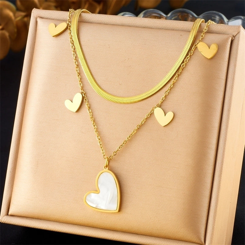 Elegant Heart Shape Butterfly 304 Stainless Steel 18K Gold Plated Double Layer Necklaces