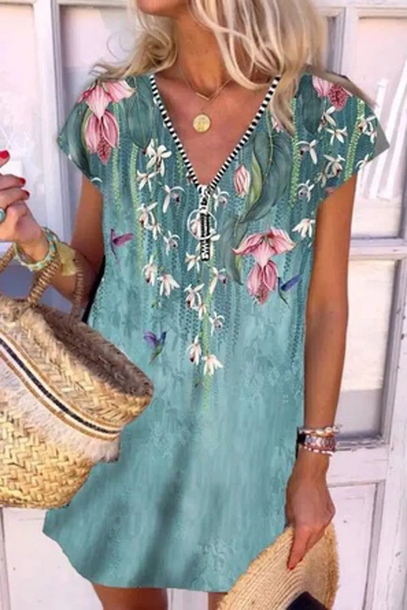 V-Neck Zipper Short Sleeve Dress