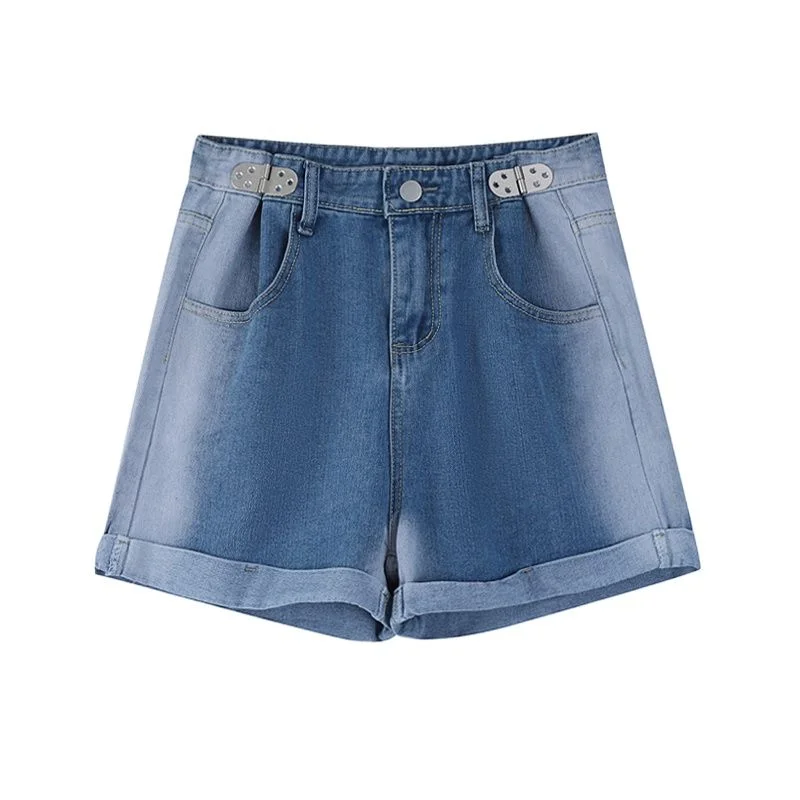 Women&#39;s Shorts Jeans Blue Gradient Flanging High Waist Adjustable Vintage Casual Baggy Straight Denim Hot Pants Ladies Summer