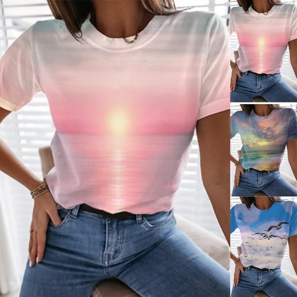 Women's Loose Ocean Scenery Printed T-shirt Short Sleeve Top Round Neck Casual Top Summer Fashion Shirt Plus Size S-2XL - BlackFridayBuys