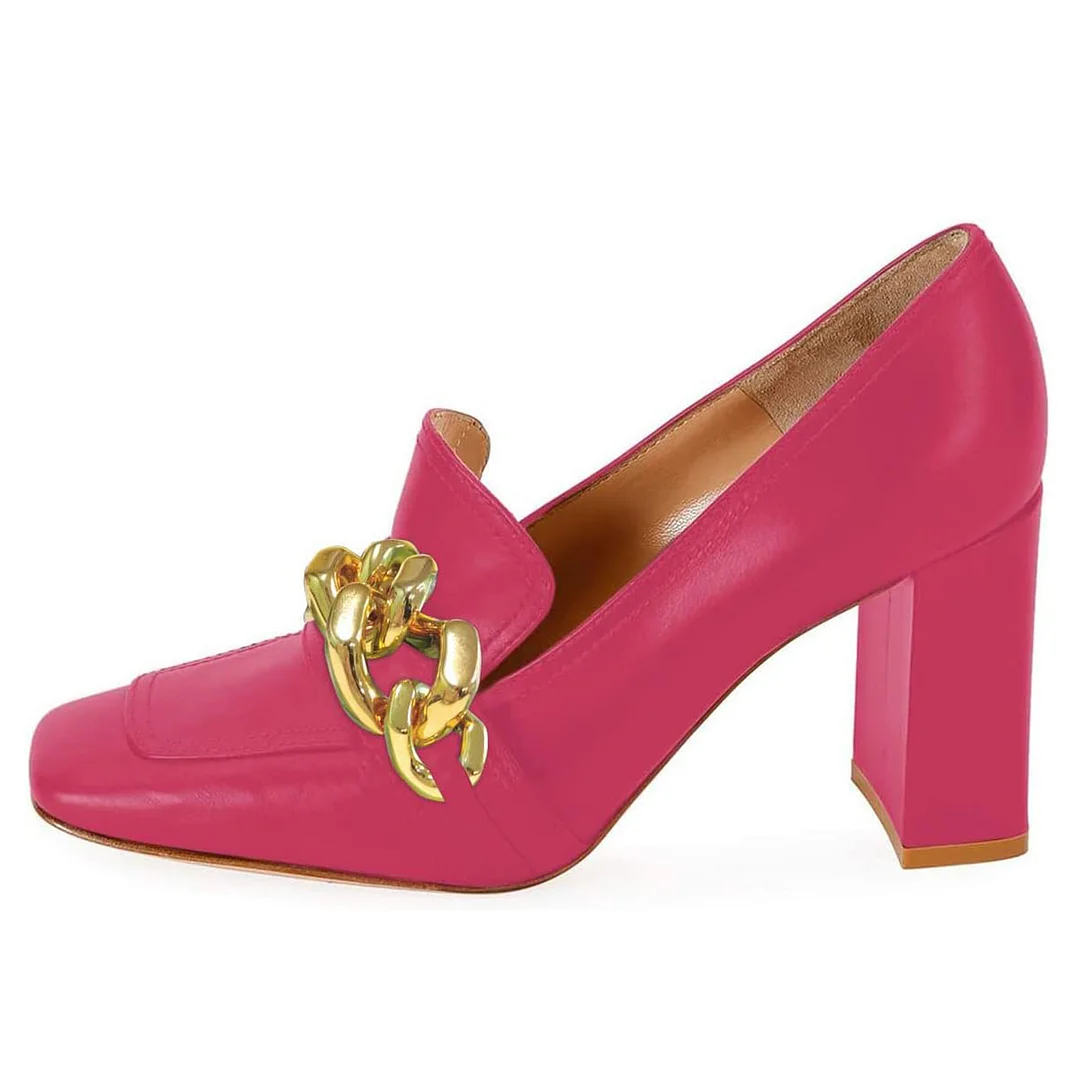 YDN Square Toe Gold Chain Pull-On Loafer Heels in Magenta