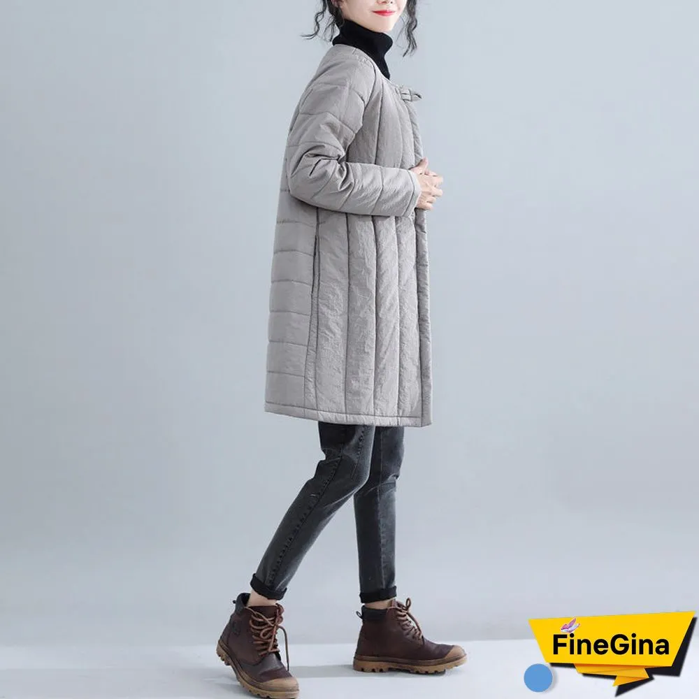 New gray Parkas Loose fitting o neck snow jackets Elegant Chinese Button winter outwear