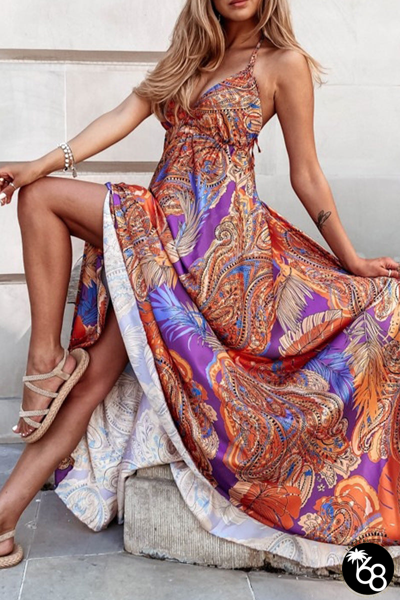 Sexy Bohemian Geometric Print Backless V Neck Sling Dress Dresses | 168DEAL