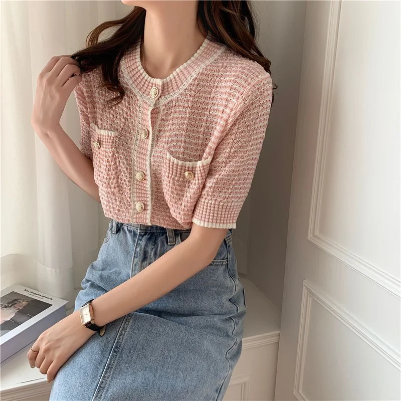Short-Sleeve Button-Up Knit Top YP1560