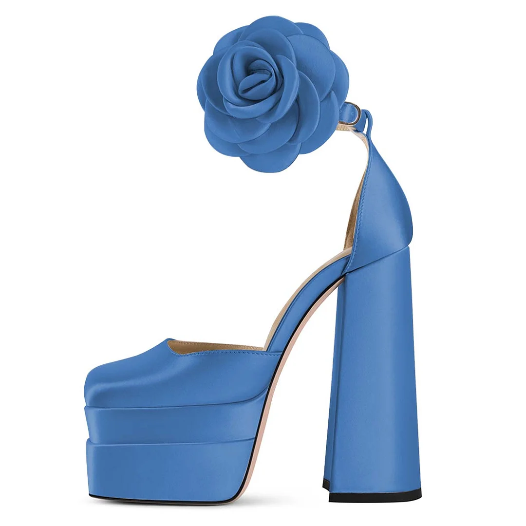 Satin Square Toe Floral Ankle Strap Blue Chunky Heels with Platform