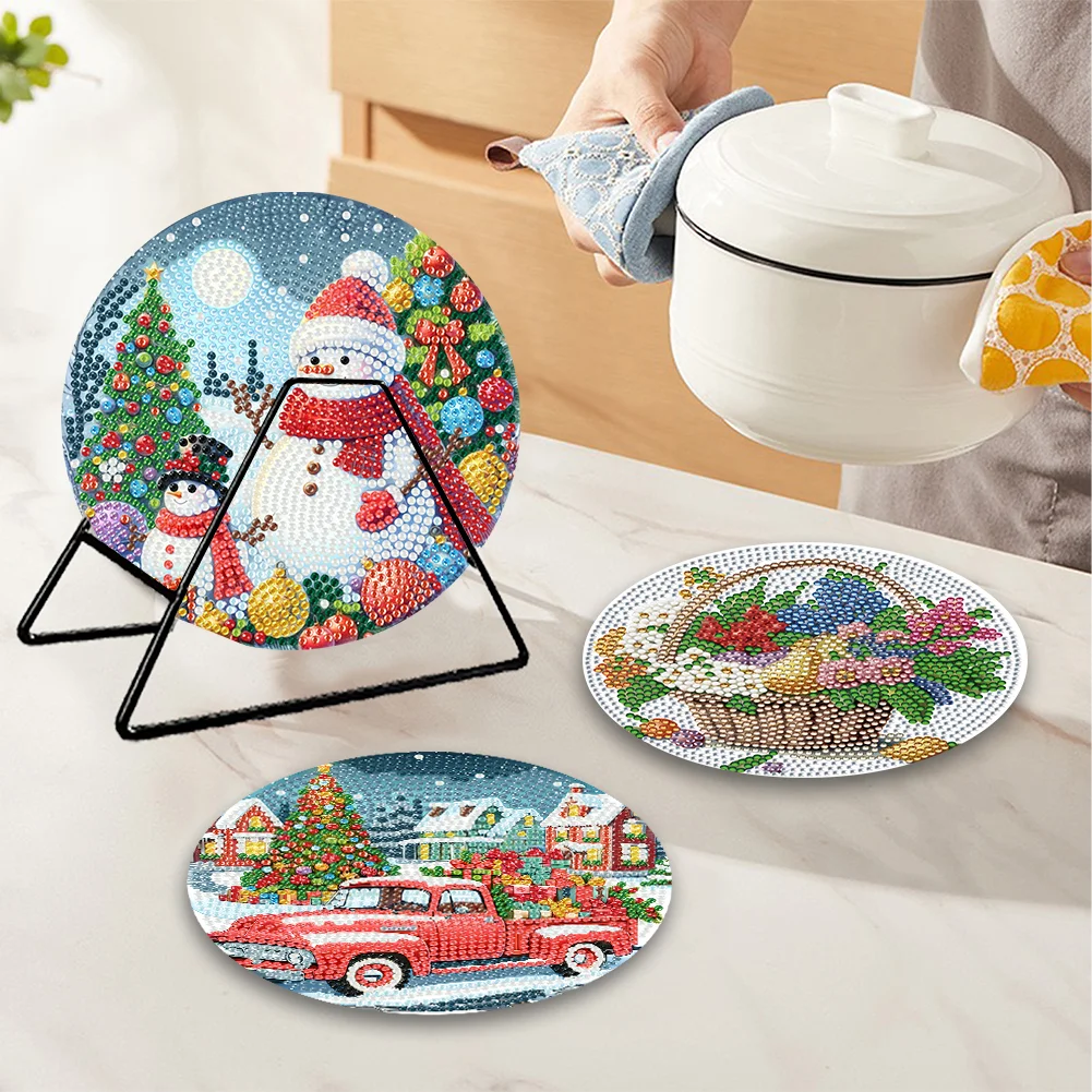 5D DIY 4pcs Christmas Acrylic Diamond Painting Placemats DIY Diamond Dot Kits for Tabletop