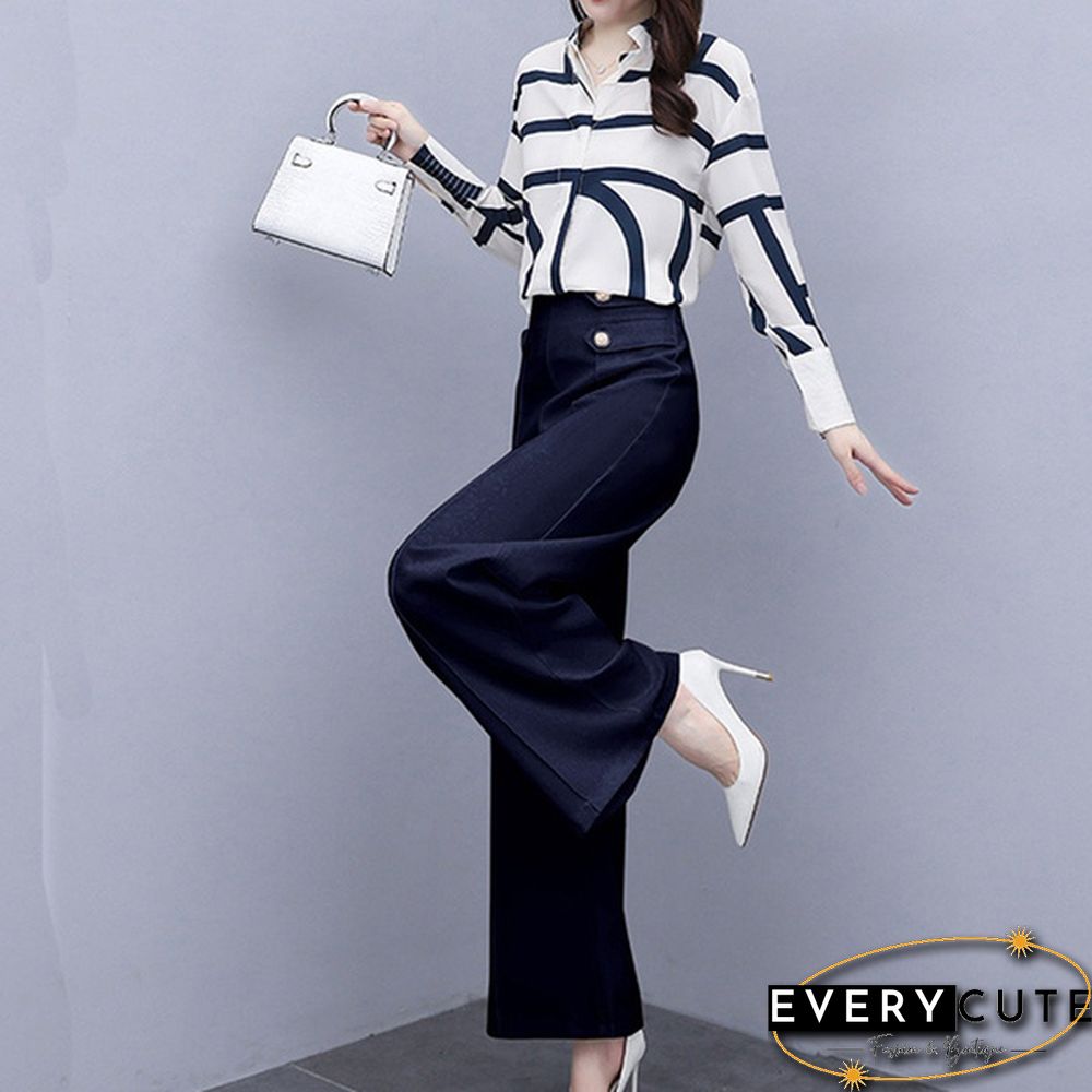 Autumn Fashion Office Two Piece Set Outfits Women Striped Chiffon Shirt Wide Leg Pants