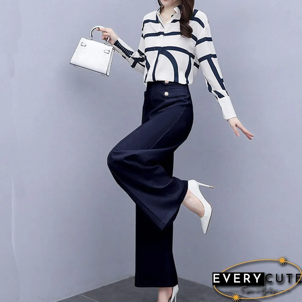 Autumn Fashion Office Two Piece Set Outfits Women Striped Chiffon Shirt Wide Leg Pants