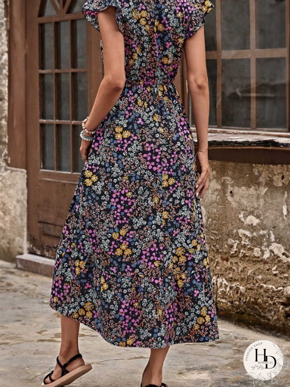 Elegant Black Floral V-Neck Midi Dress with Ruffle Sleeves