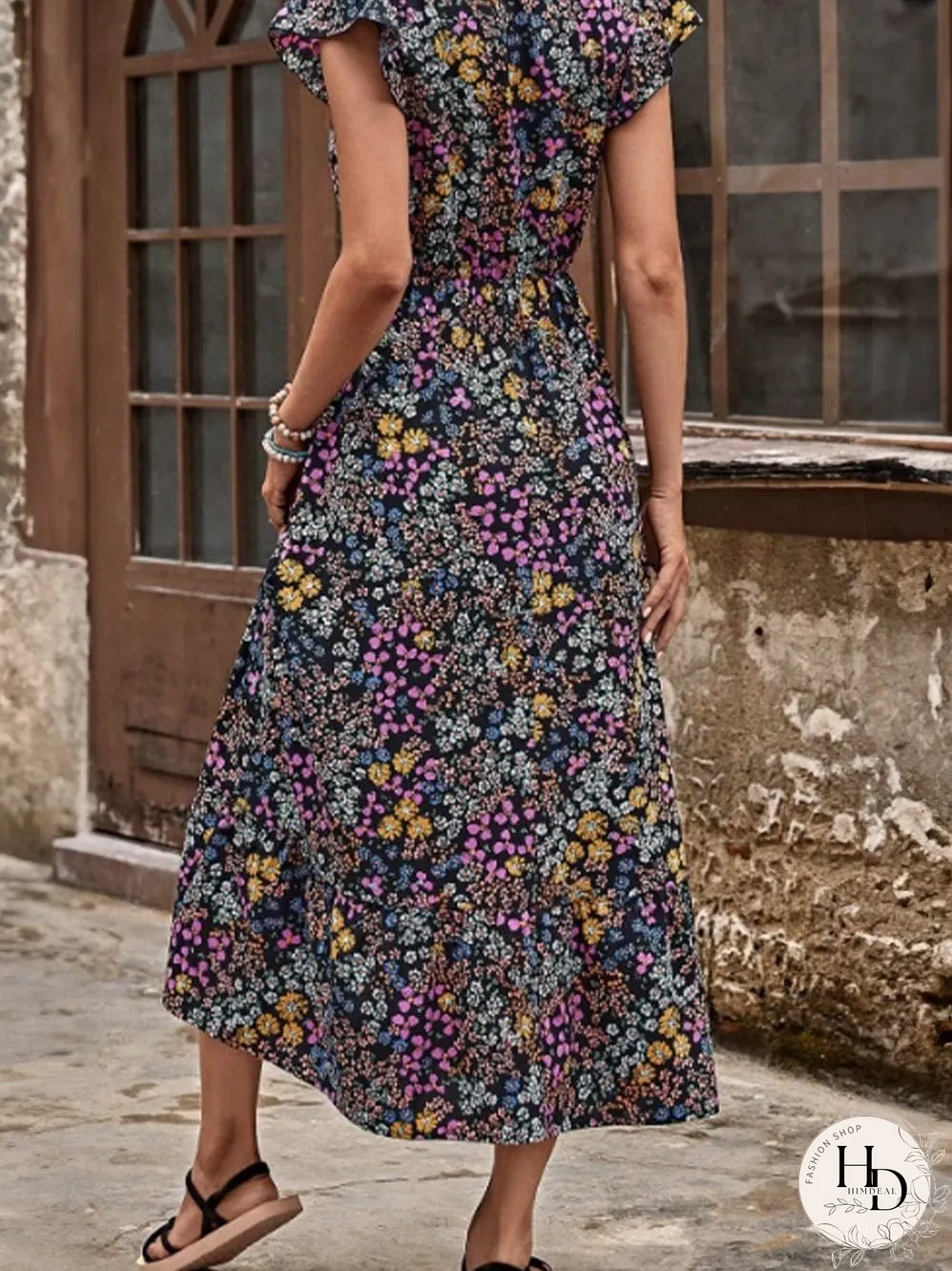 Elegant Black Floral V-Neck Midi Dress with Ruffle Sleeves