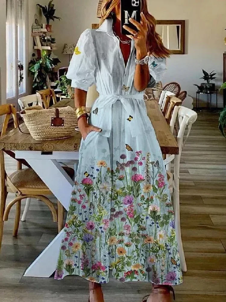 Women's Short Sleeve V-neck Graphic Floral Printed Maxi Dress