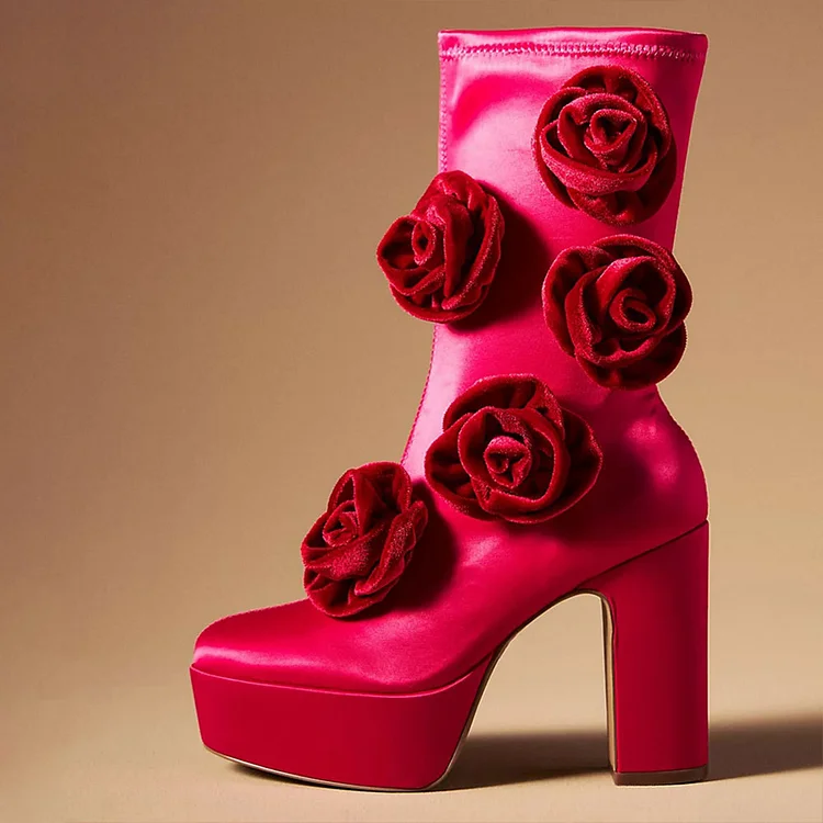 Hot Pink Satin Chunky Heel Platform Boots with Red Velvet Rose Decor |FSJ Shoes