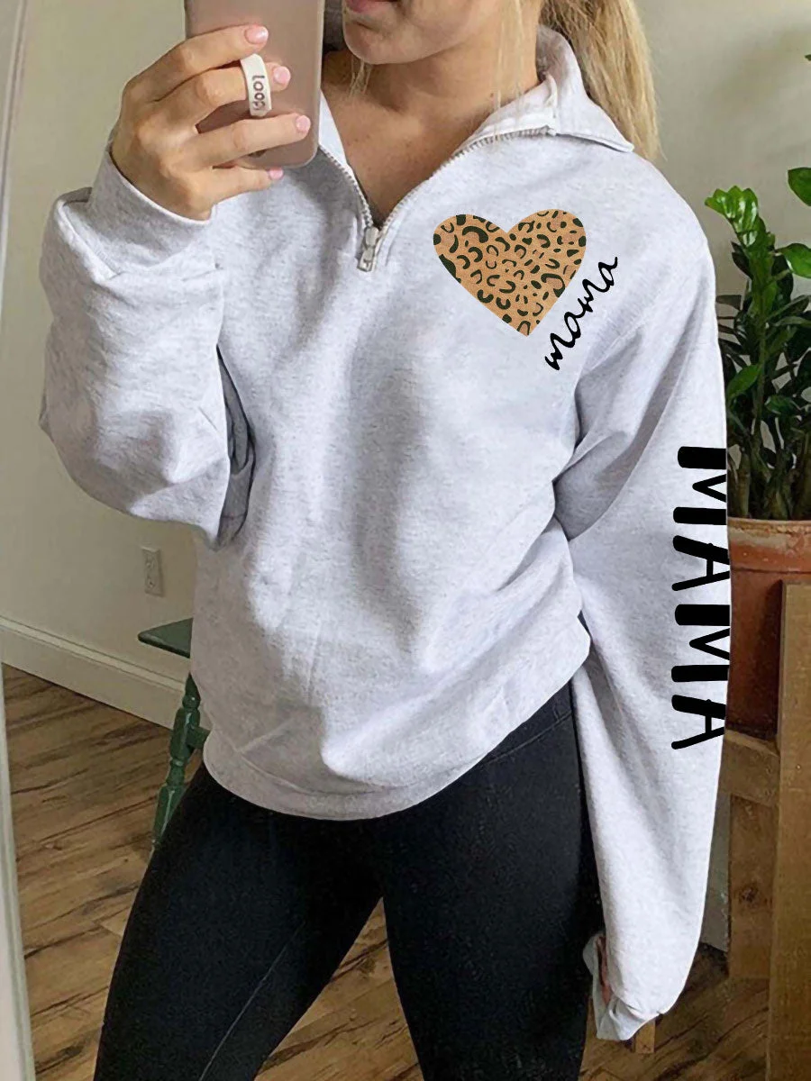 Mama Leopard Heart Zipper Sweatshirt