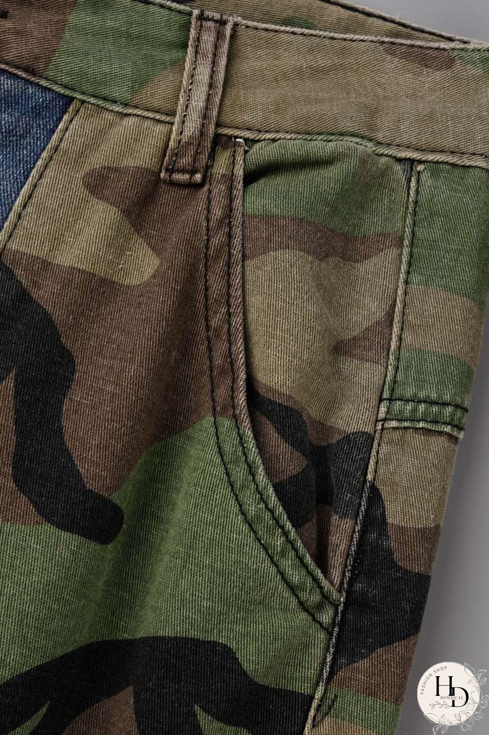 Blue Street Print Camouflage Print Patchwork High Waist Loose Denim Jeans