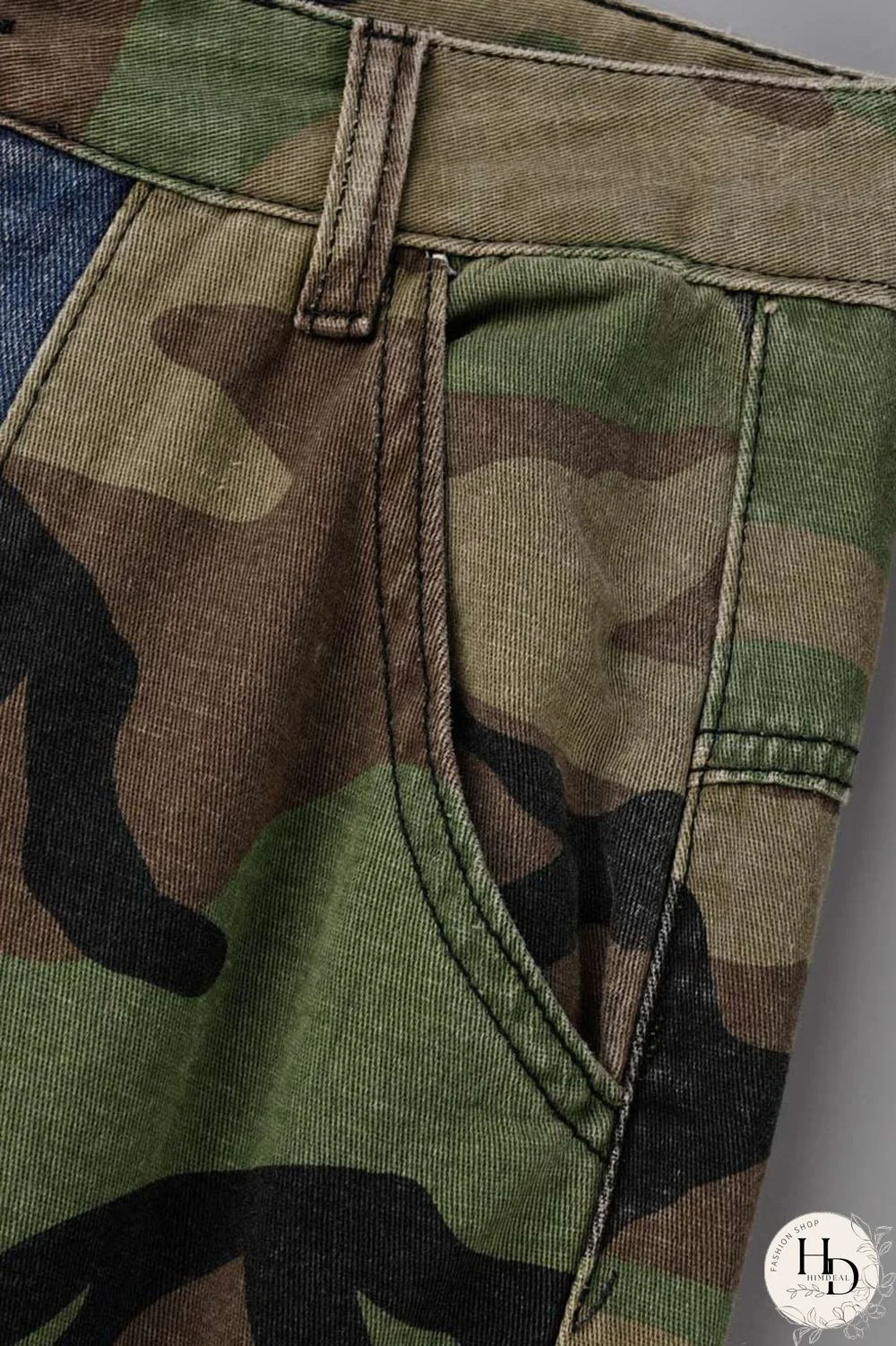 Blue Street Print Camouflage Print Patchwork High Waist Loose Denim Jeans