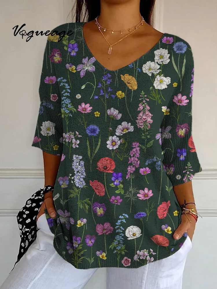 Fashion Gentle Vivid Flowers Printed Knitted Sweater