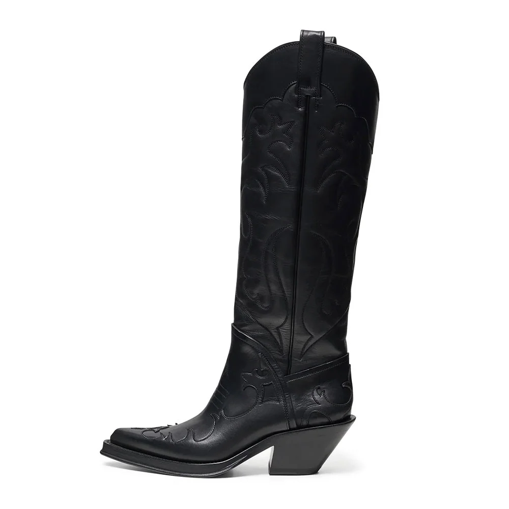 Black Pointed Toe Knee High Cowboy Boots for Women with Stitching