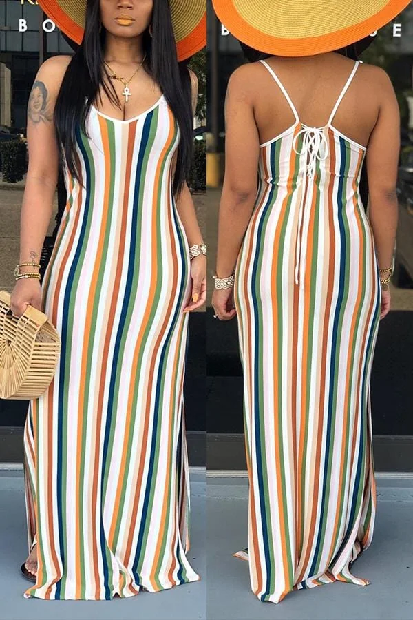 Sexy  Striped Backless Sling Split Dress