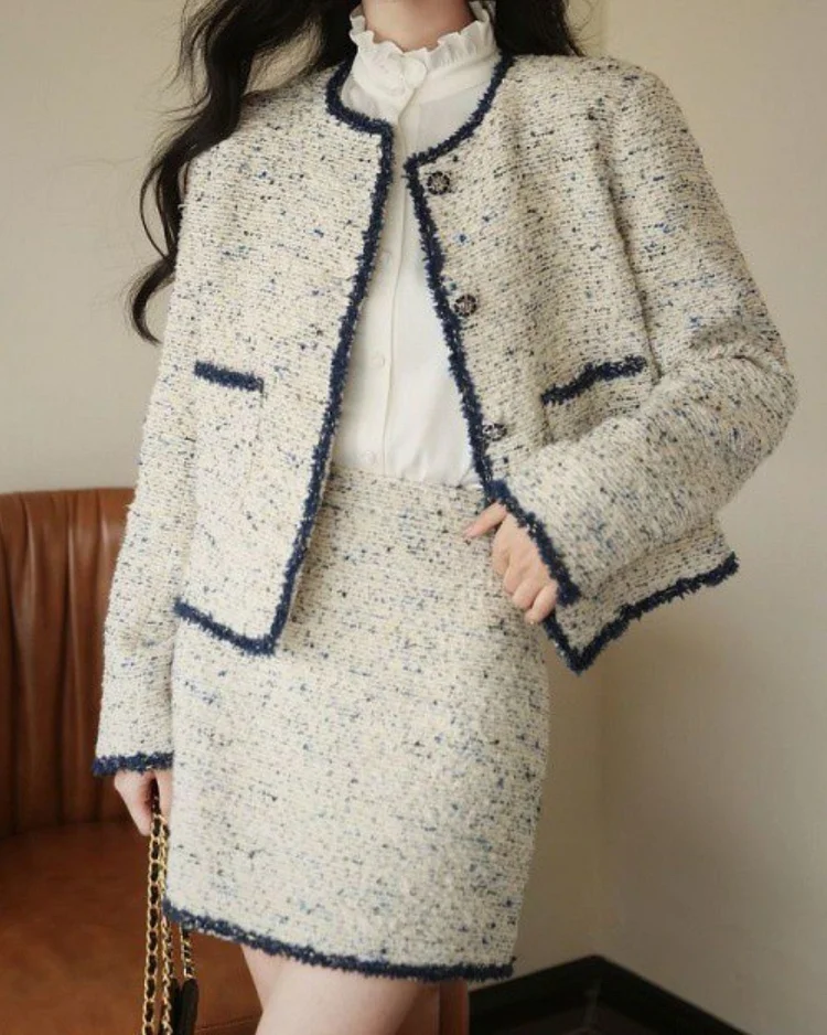Elegant Tweed Jacket and Skirt Two-Piece Set