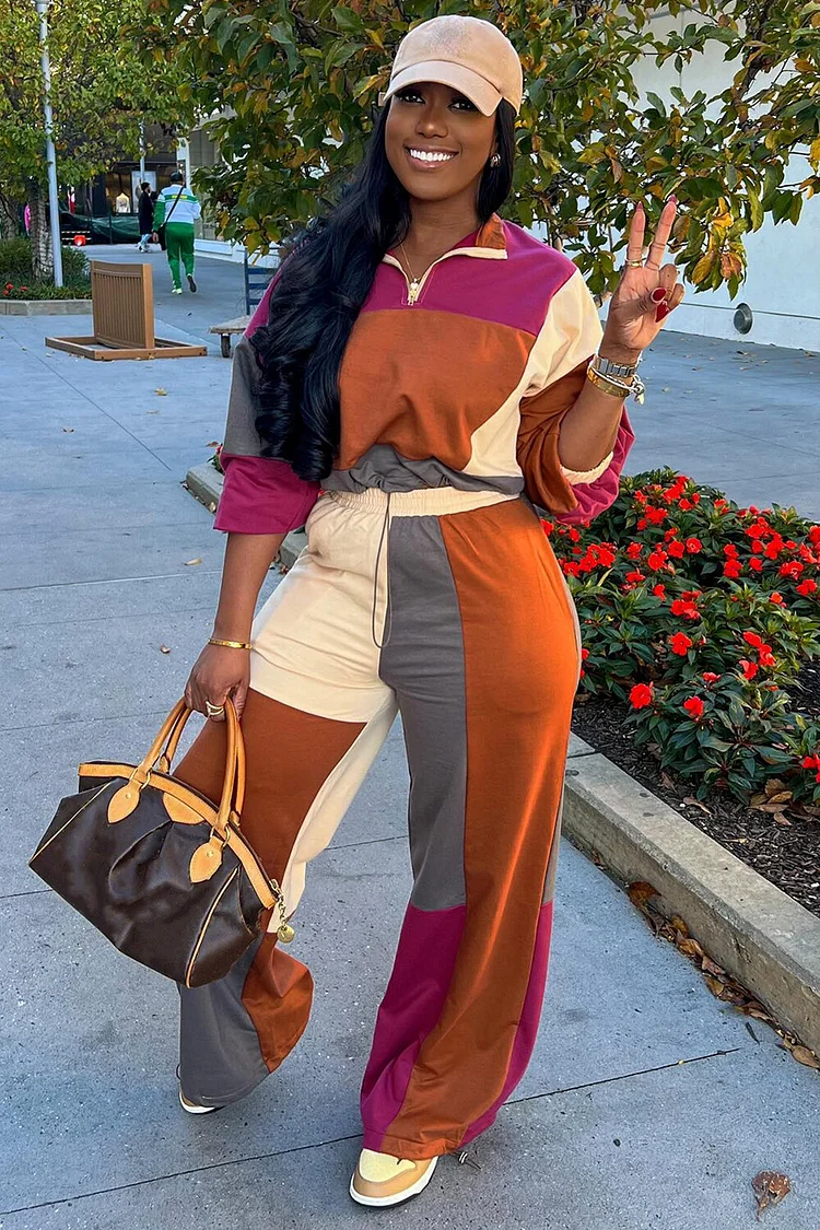 Colorblock Long Sleeve Top Wide Leg Pants Casual 2pcs Set-Orange