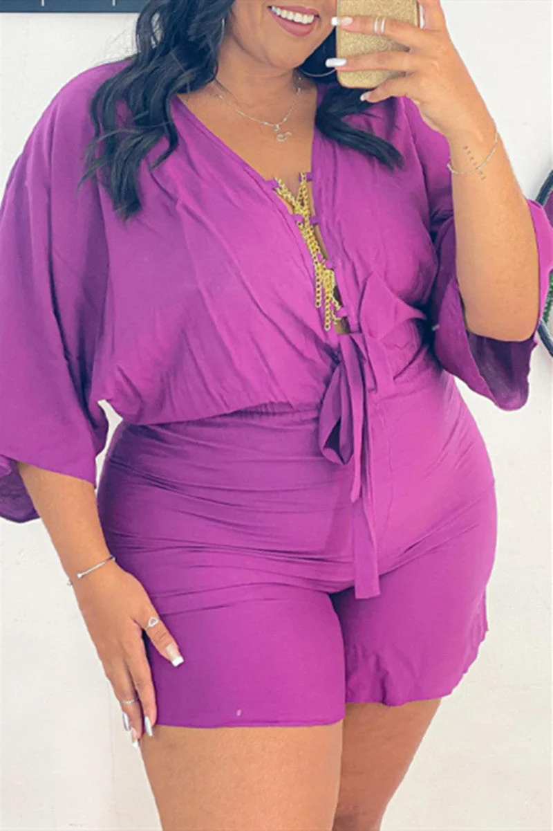 Fashion Casual Solid Basic V Neck Plus Size Two Pieces