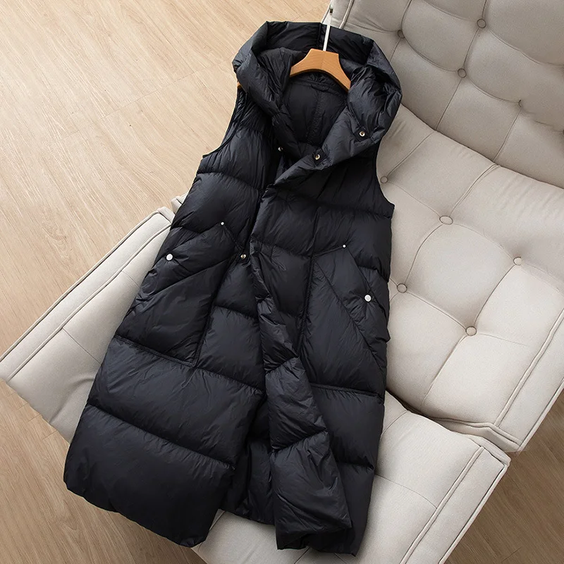Toloer Autumn Winter New Down Jacket Vest Female Long Over The Knee Outside Wearing Vest Hooded Loose 90 White Duck Velvet Tide-Outfit Ideas