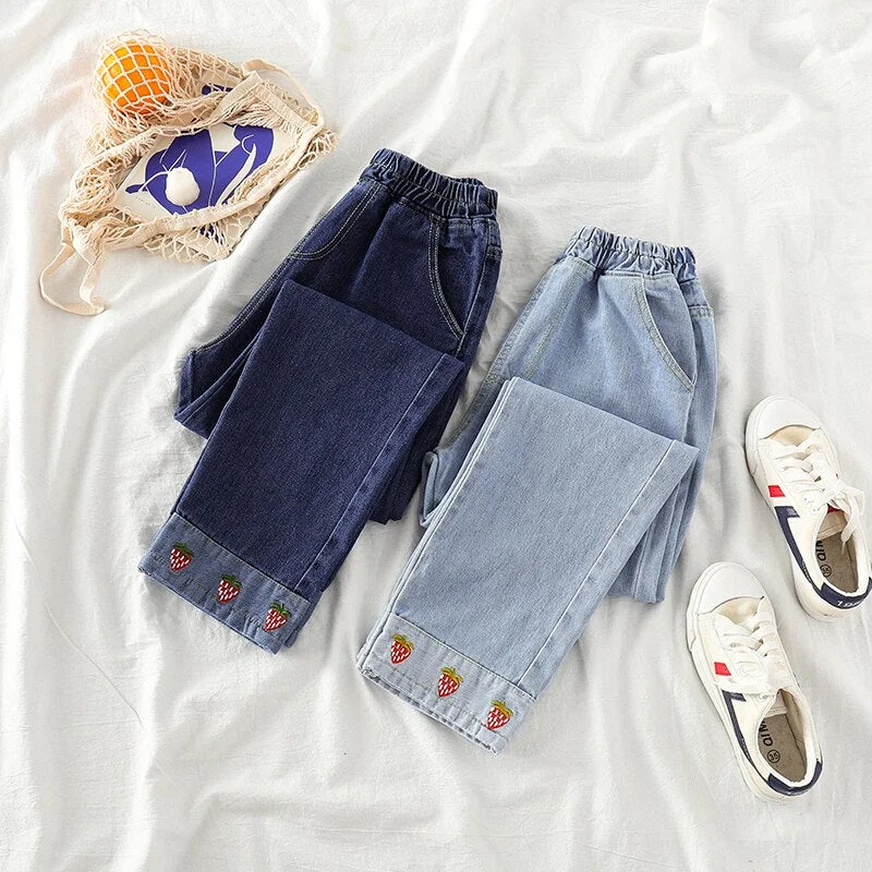 Jeans Women Kawaii Strawberry Embroidery Korean Fashion High Waist Trousers Womens Straight All Match Sweet Unique Casual Chic