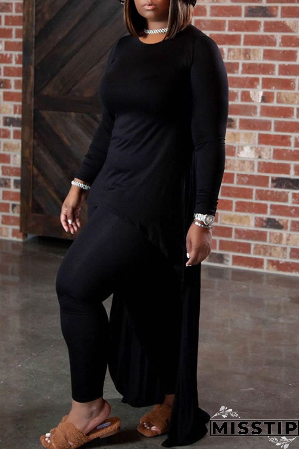 Black Casual Solid Patchwork Asymmetrical O Neck Plus Size Two Pieces