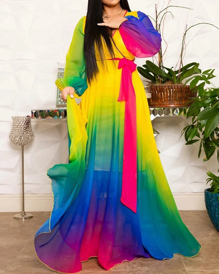 Color Printed Chiffon Maxi Dress（With lining）