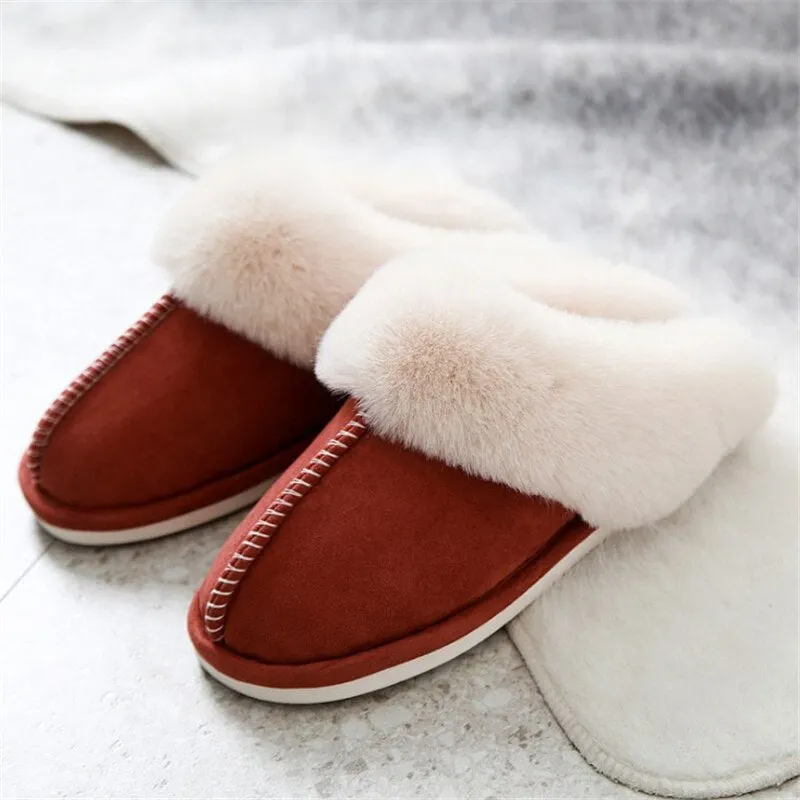 JIANBUDAN Plush warm Home flat slippers Flock soft comfortable winter slippers Men's Women's cotton shoes Indoor plush slippers