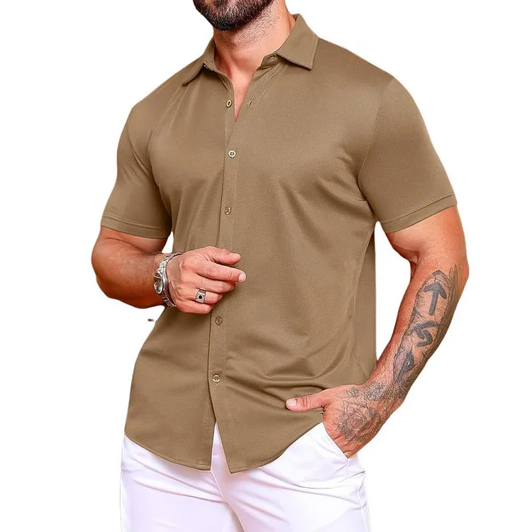 Men's Solid Color Knitted Lapel Short-Sleeved Shirt 38572751Y