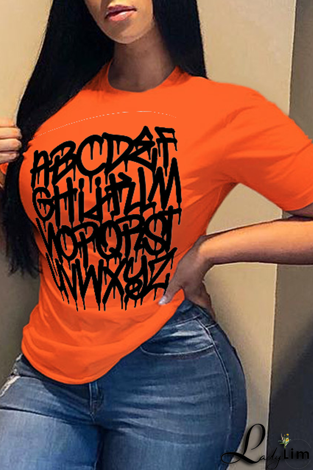 Navy Blue Fashion Street Print Split Joint Letter O Neck T-Shirts